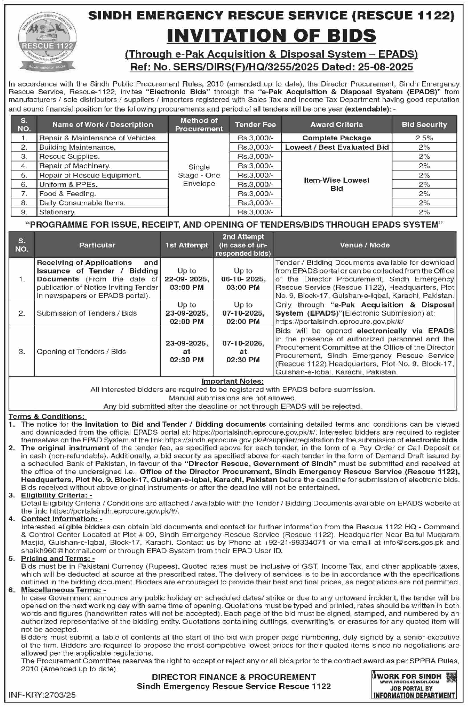 Sindh Emergency Rescue Service Tender Notice